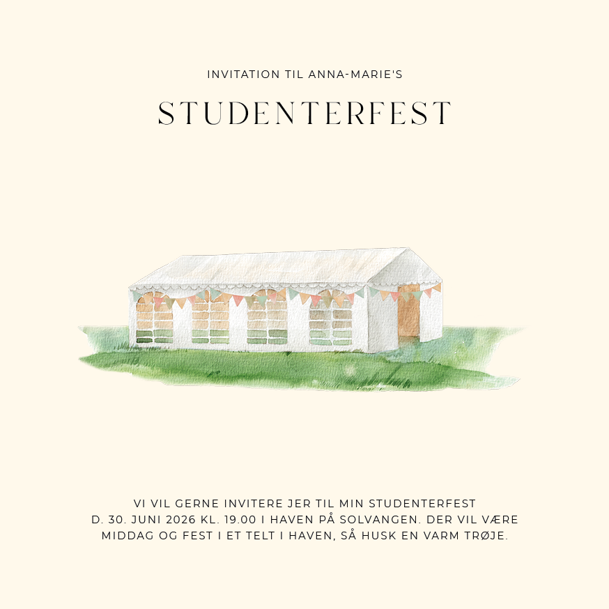 
                Sæt stemningen til din studenterfest med denne skønne invitation. Illustrationen er malet i akvarel og sætter scenen til en fantastisk teltfest. Lad dine gæster glæde sig til et brag af en fest og skab en rød tråd for dem med matchende bordkort, menukort, velkomstkilte og meget mere.                